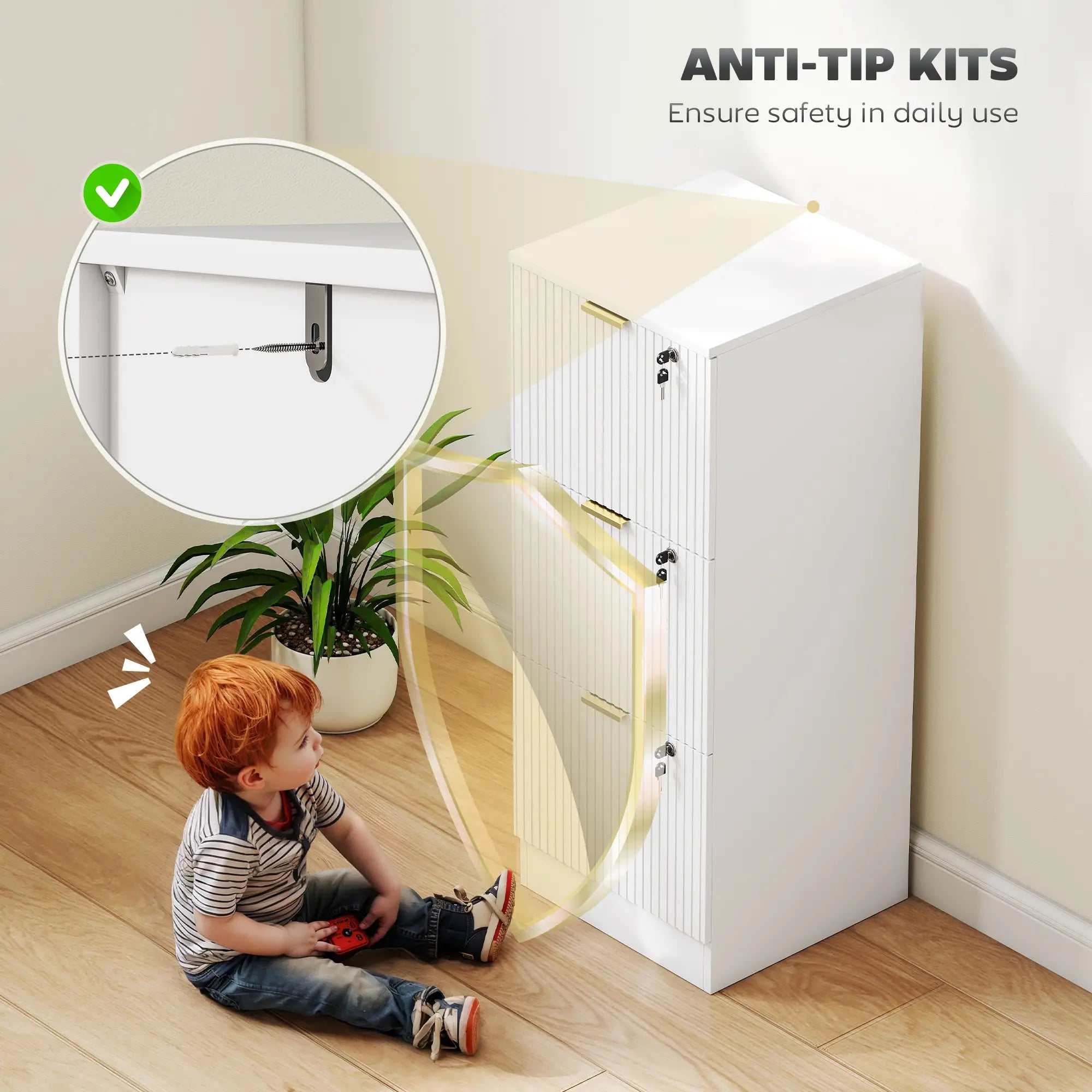 Lockable Filing Cabinet, 3 Fluted Drawers, Adjustable Hanging Rails, White Office Cabinets & Cupboards at Gallery Canada