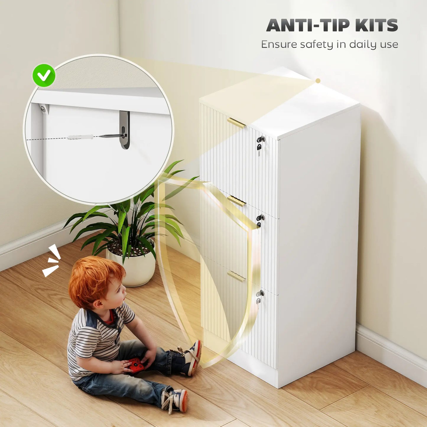 Lockable Filing Cabinet, 3 Fluted Drawers, Adjustable Hanging Rails, White Office Cabinets & Cupboards at Gallery Canada