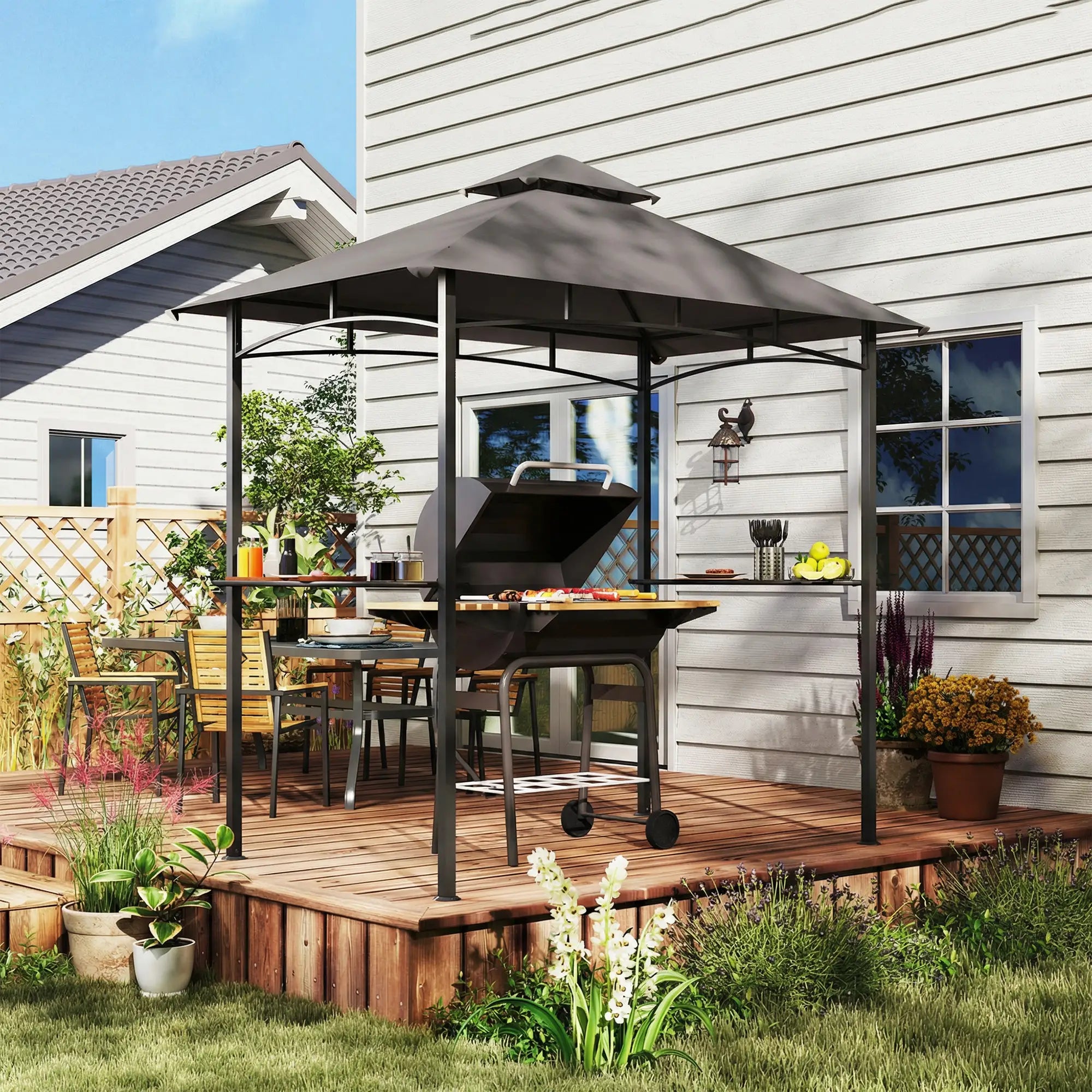 8' x 5' BBQ Grill Gazebo Tent, Double Tiered Canopy, Dark Grey BBQ Grill Gazebos at Gallery Canada