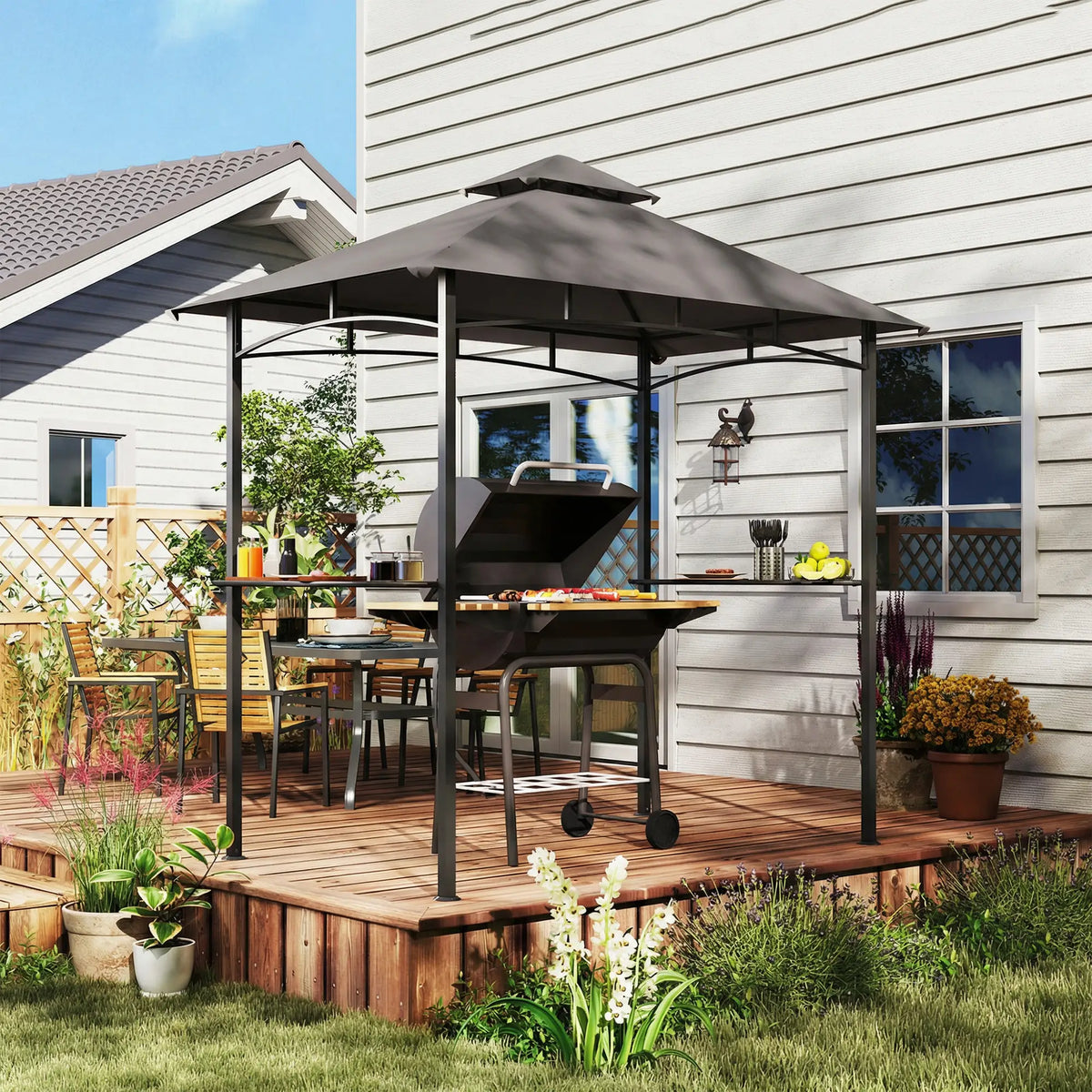 8' x 5' BBQ Grill Gazebo Tent, Double Tiered Canopy, Dark Grey BBQ Grill Gazebos at Gallery Canada