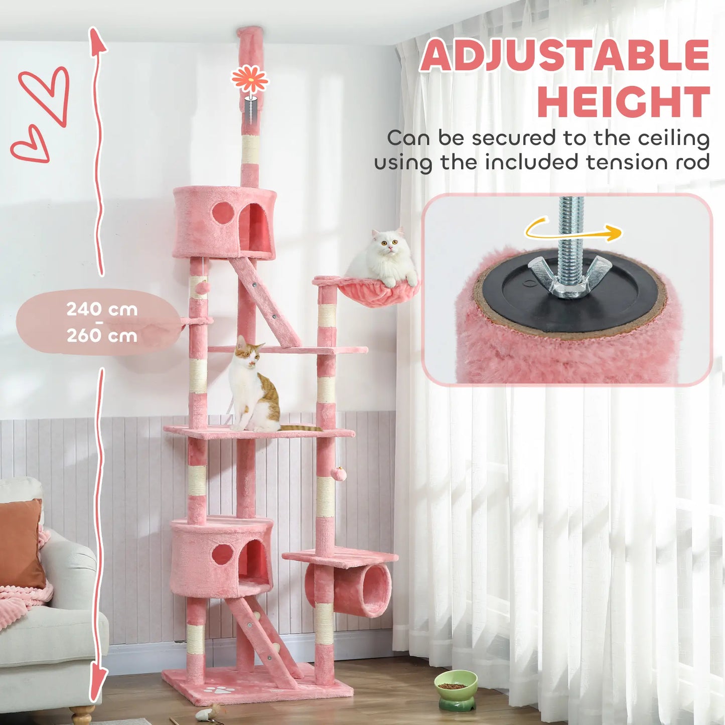 94"-102" Floor To Ceiling Cat Tree, Multi-Level Play House, Pink Multi-Level Cat Towers at Gallery Canada