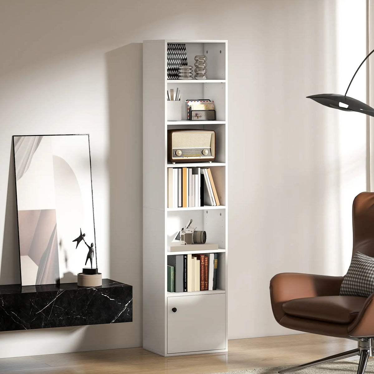 7-Tier Bookcase, Display Shelf with Cabinet, White