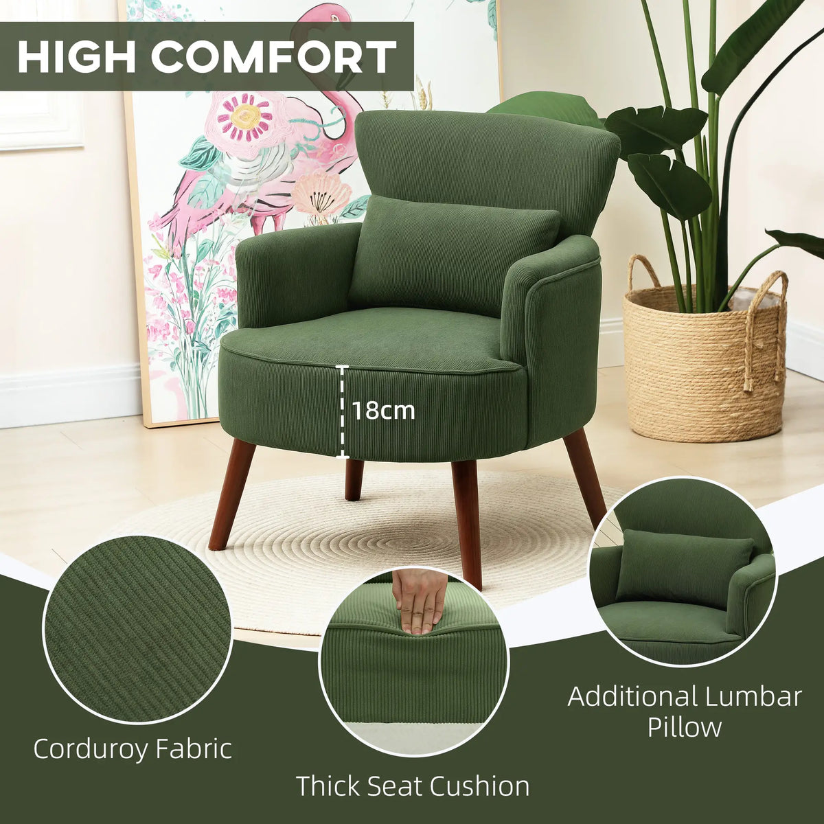 Modern Accent Chair, Upholstered Armchair, Solid Wood Legs, Lumbar Pillow, Green Accent Chairs at Gallery Canada