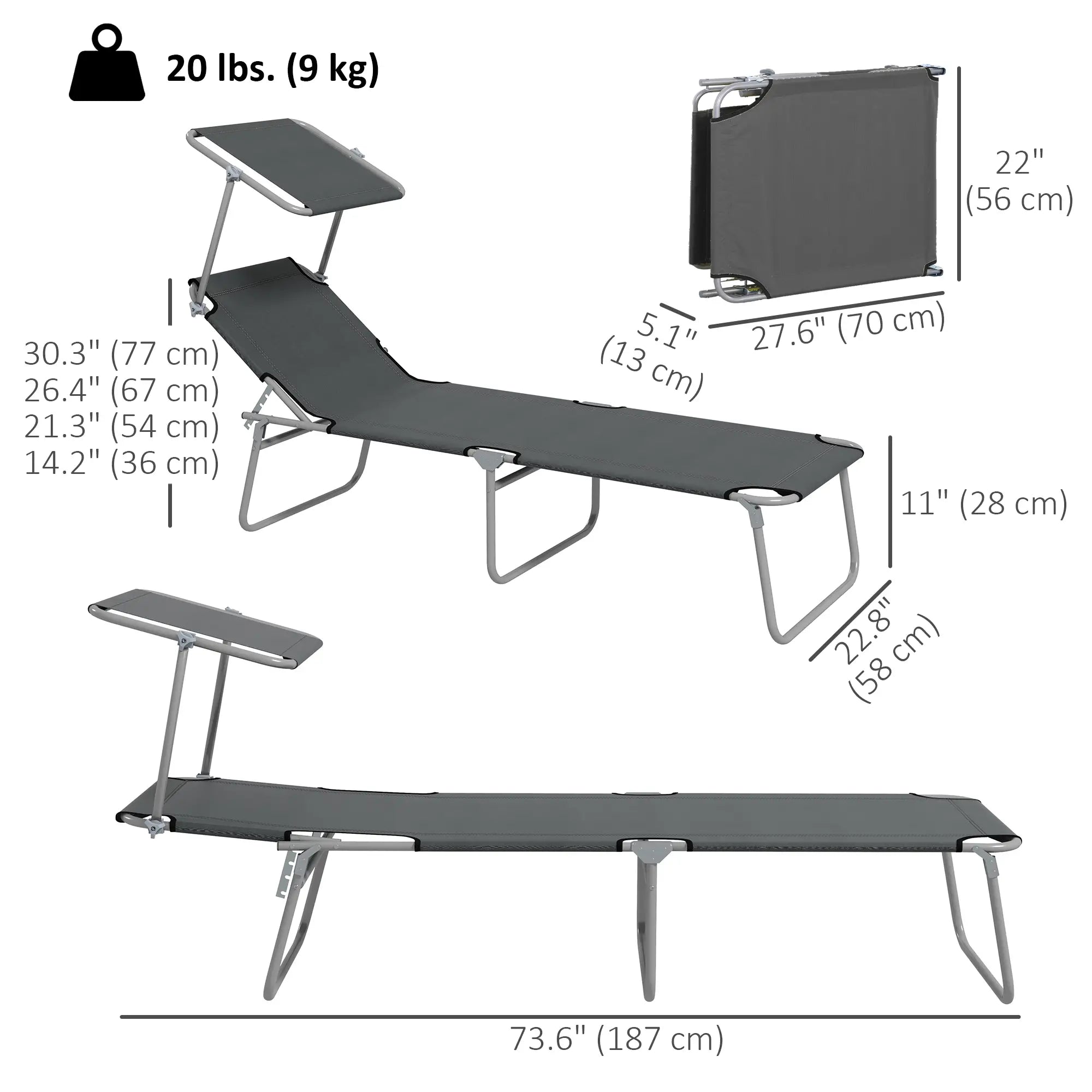 Outdoor Lounge Chair, Adjustable Folding Chaise With Sun Shade, Grey Lounger Chairs at Gallery Canada
