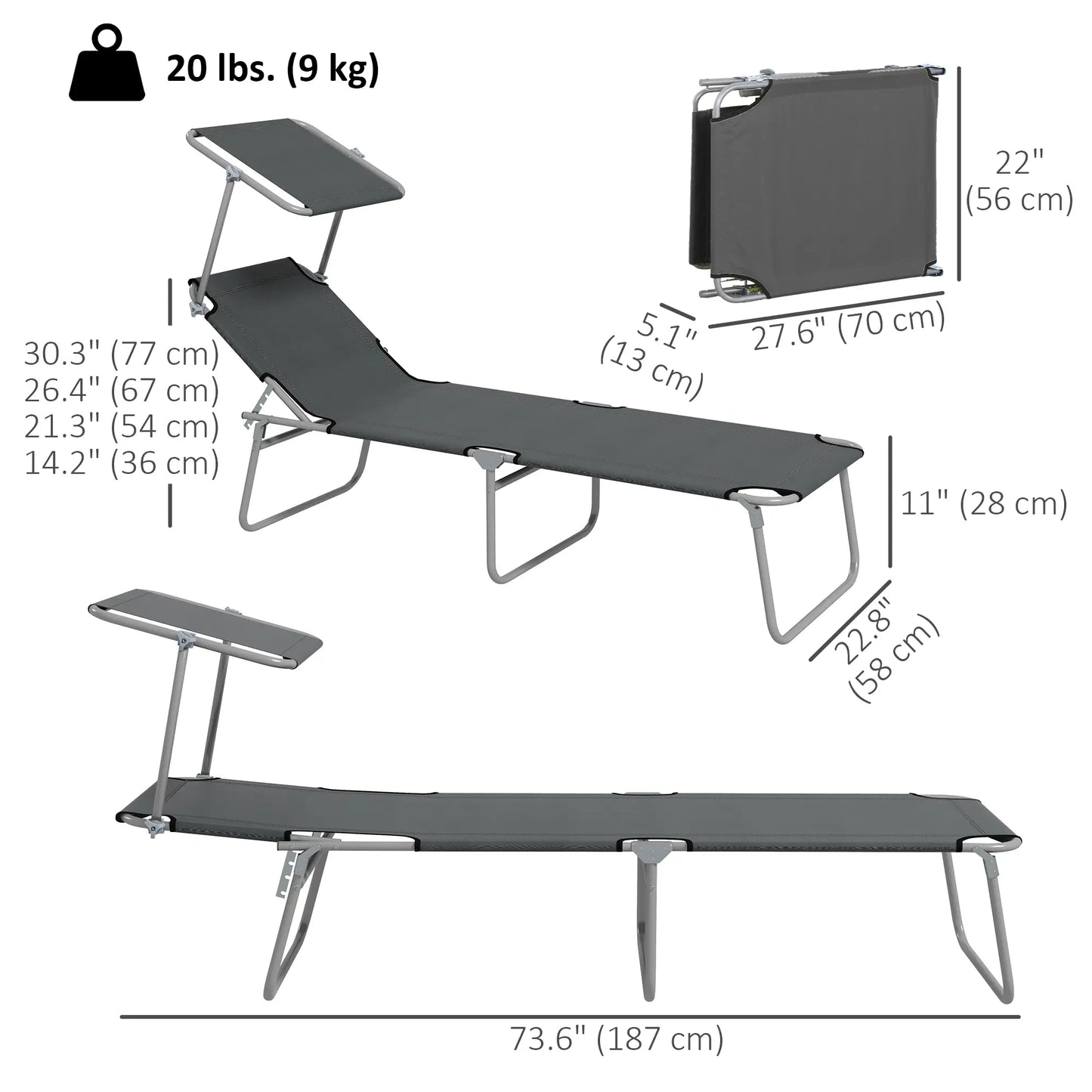 Outdoor Lounge Chair, Adjustable Folding Chaise With Sun Shade, Grey Lounger Chairs at Gallery Canada