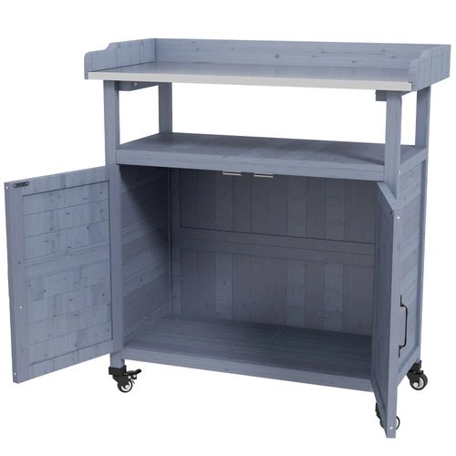 Outdoor Wooden Potting Bench, Storage Cabinet, Aluminum Tabletop, Grey