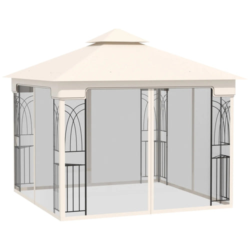 10'x10' Soft-Top Gazebo, Double Tier Roof, Mesh Curtains, Cream