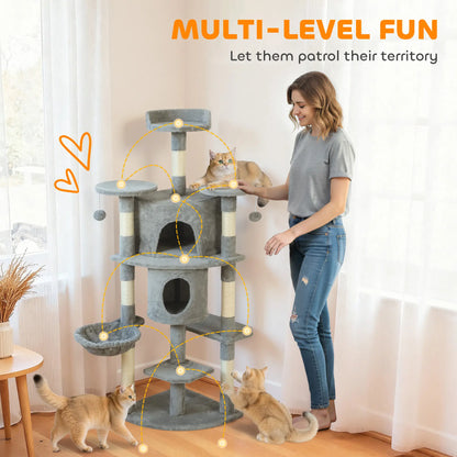 62" Cat Tree With Scratching Post, 2 Condos, Hammock, Light Grey