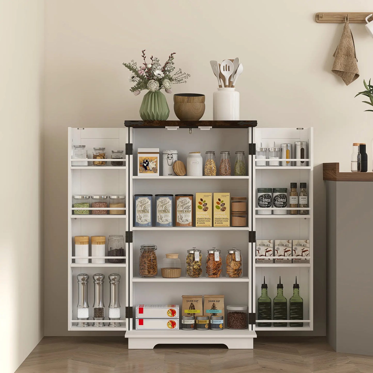 Farmhouse Kitchen Pantry Cabinet, Adjustable Shelves, White Kitchen Pantry Cabinets at Gallery Canada