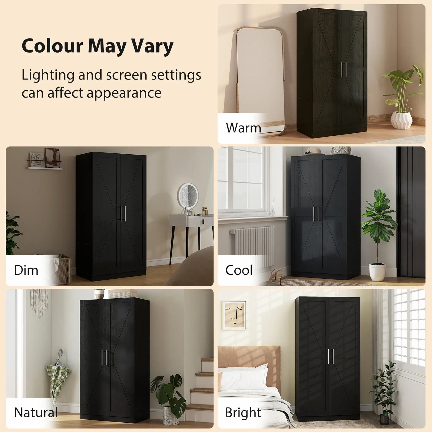 Barn Door Wardrobe Cabinet, 2 Doors With Hanging Rod, Wood Effect, Black