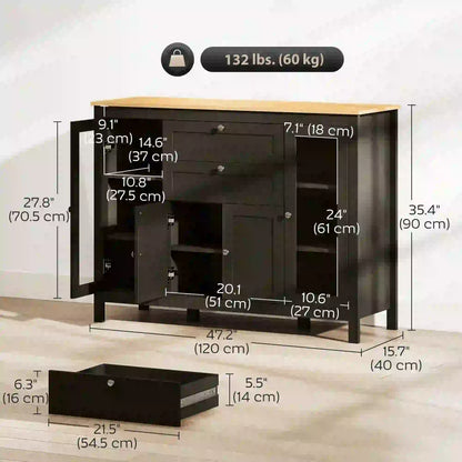 Buffet Cabinet Sideboard, 2 Drawers, 3 Storage Cabinets, Glass Doors, Dark Brown Bar Cabinets at Gallery Canada