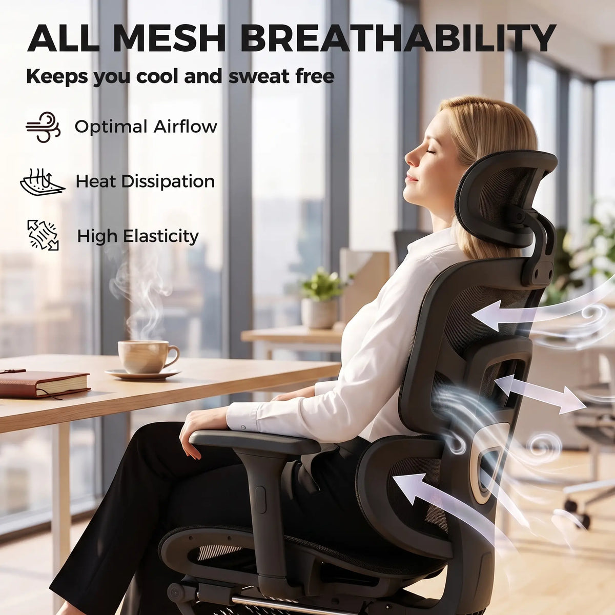 Ergonomic Office Chair, Lumbar Support, 2D Headrest, Mesh Reclining, Black