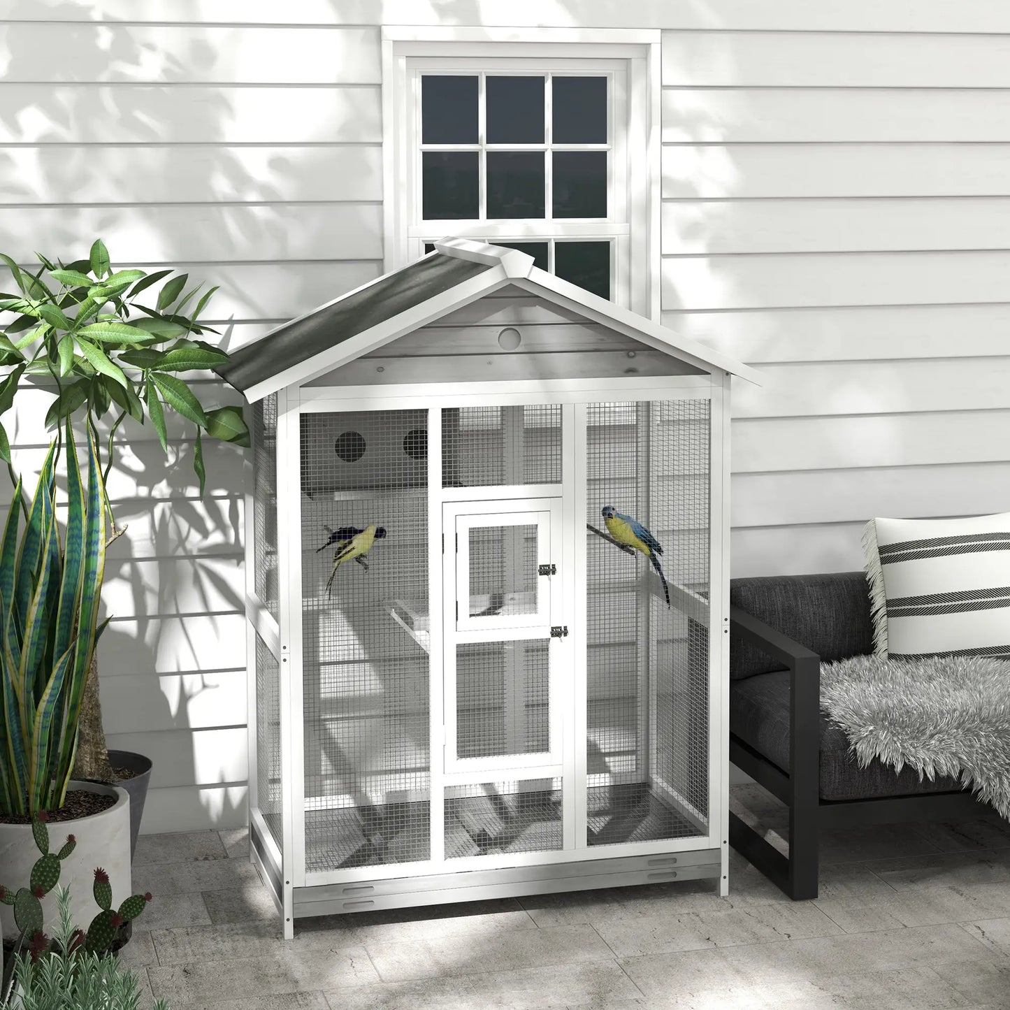 65" Large Bird Cage, Wooden Aviary, 2 Doors, Standing Pole, Grey Bird Cages at Gallery Canada