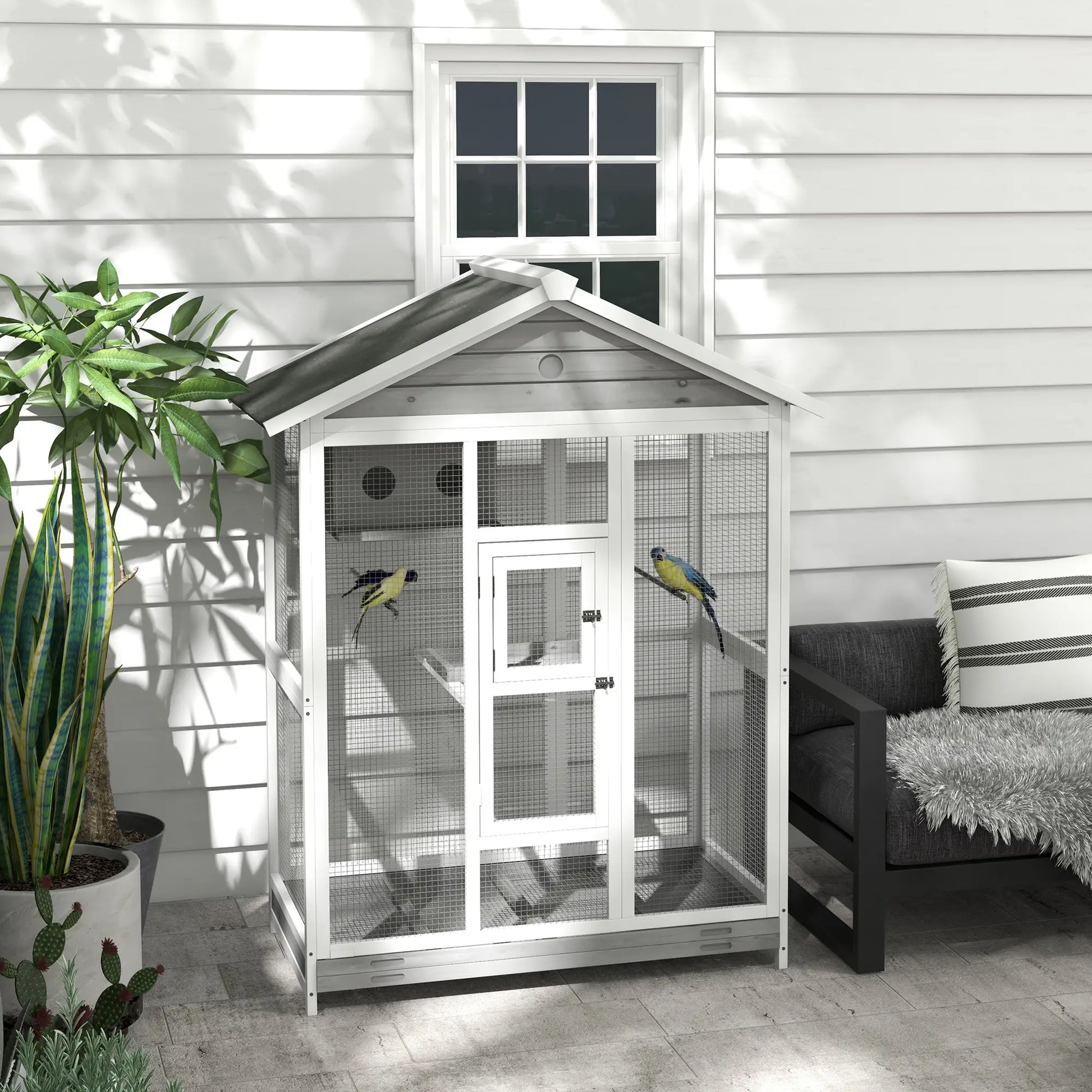 65" Large Bird Cage, Wooden Aviary, 2 Doors, Standing Pole, Grey Bird Cages at Gallery Canada