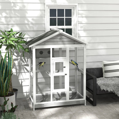 65" Large Bird Cage, Wooden Aviary, 2 Doors, Standing Pole, Grey Bird Cages at Gallery Canada