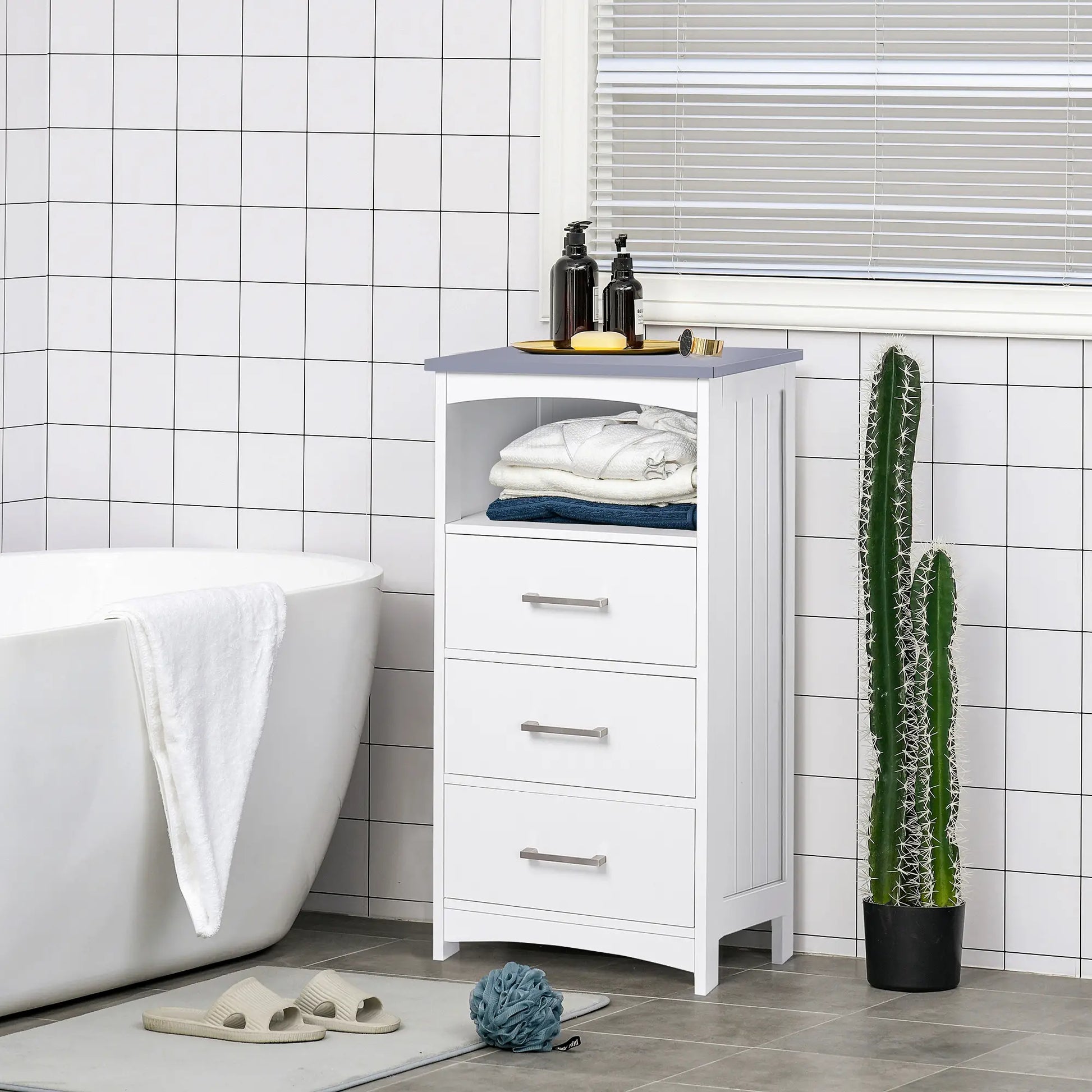 Small Bathroom Storage Cabinet, 3 Drawers, Open Shelf, White Bathroom Cabinets at Gallery Canada