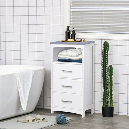 Small Bathroom Storage Cabinet, 3 Drawers, Open Shelf, White Bathroom Cabinets at Gallery Canada