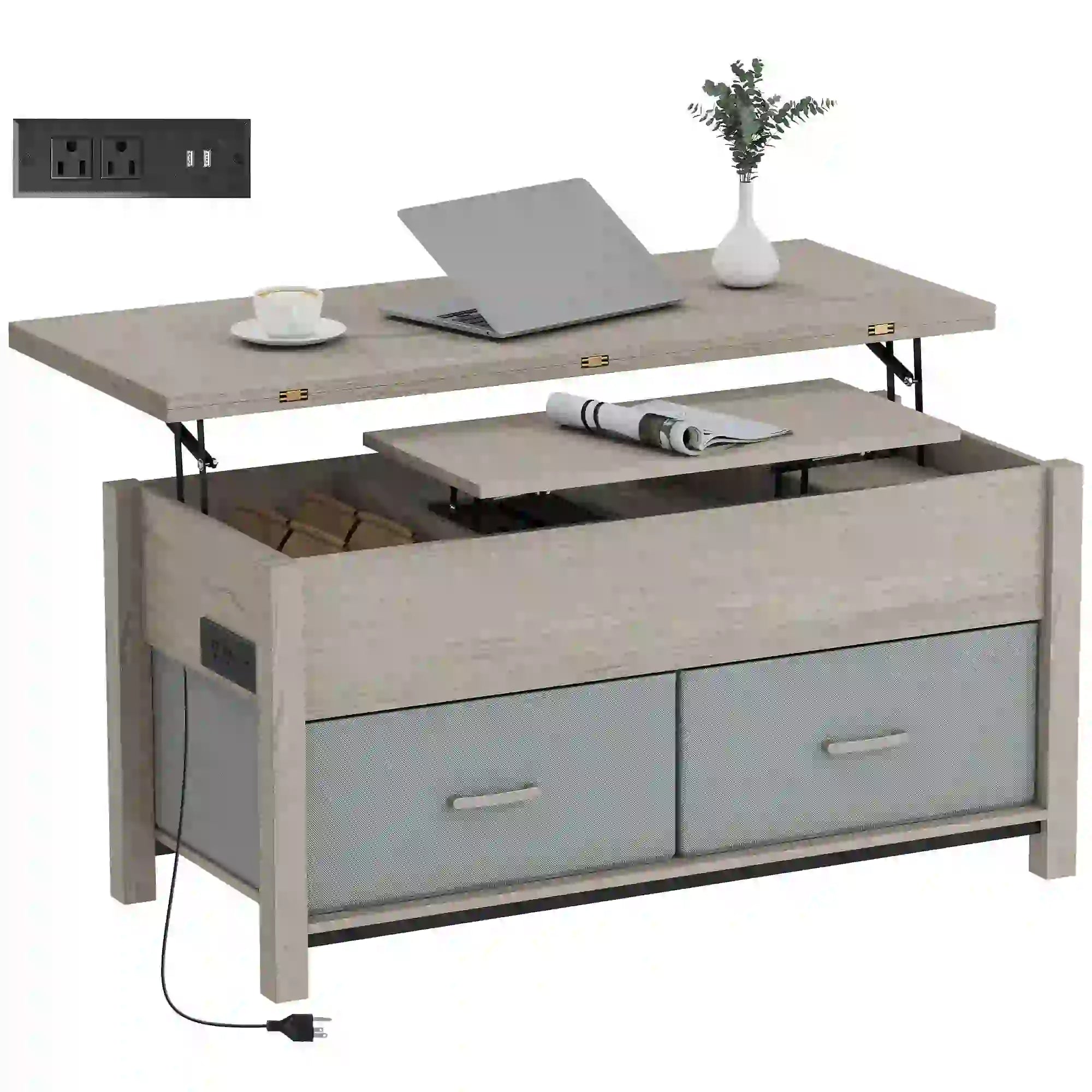 Lift Top Coffee Table, 3 Hidden Compartments, 2 Fabric Drawers, Expandable Top, Charging Station Coffee Tables Dark Grey at Gallery Canada