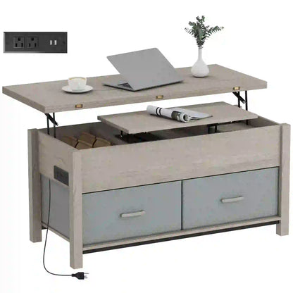 Lift Top Coffee Table, 3 Hidden Compartments, 2 Fabric Drawers, Expandable Top, Charging Station Coffee Tables Dark Grey at Gallery Canada