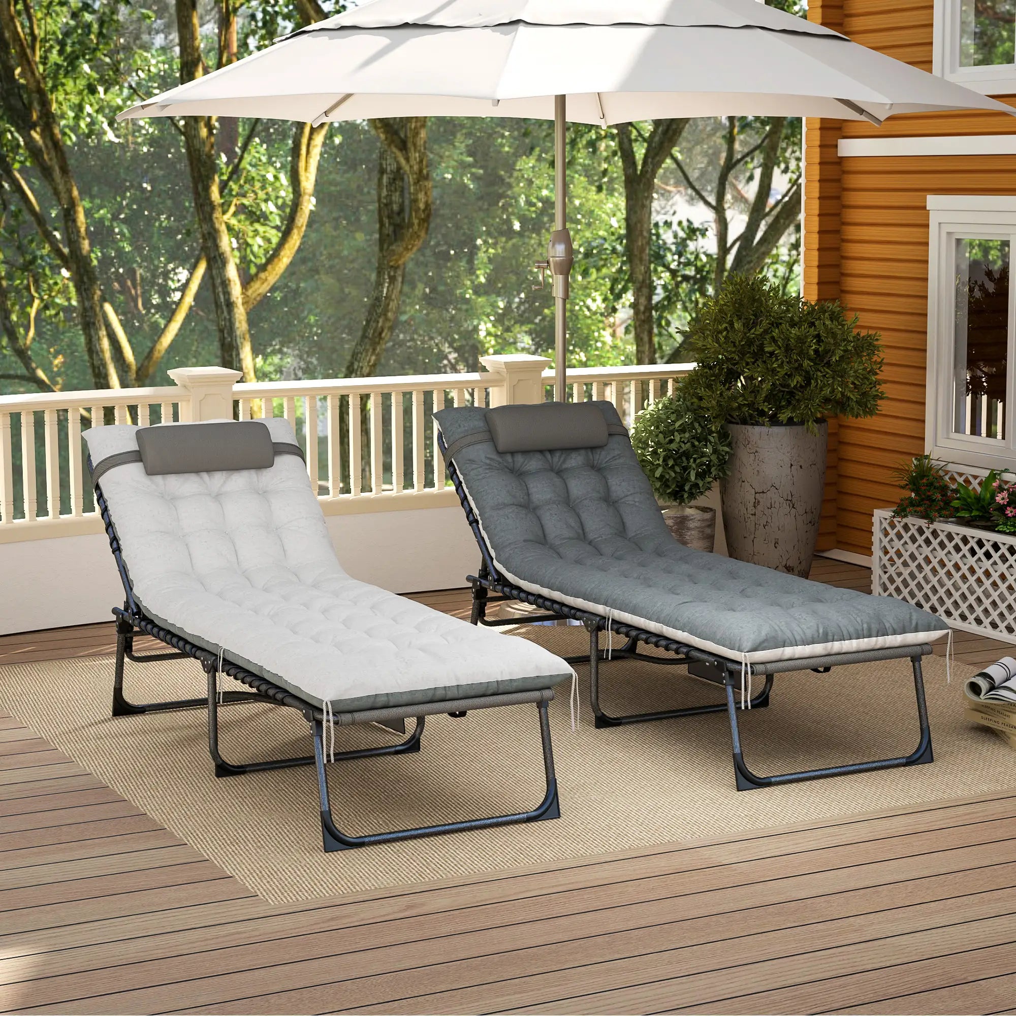 Folding Chaise Lounge Chair Set Of 2, With Cushion And Side Pocket, Grey Lounger Chairs at Gallery Canada