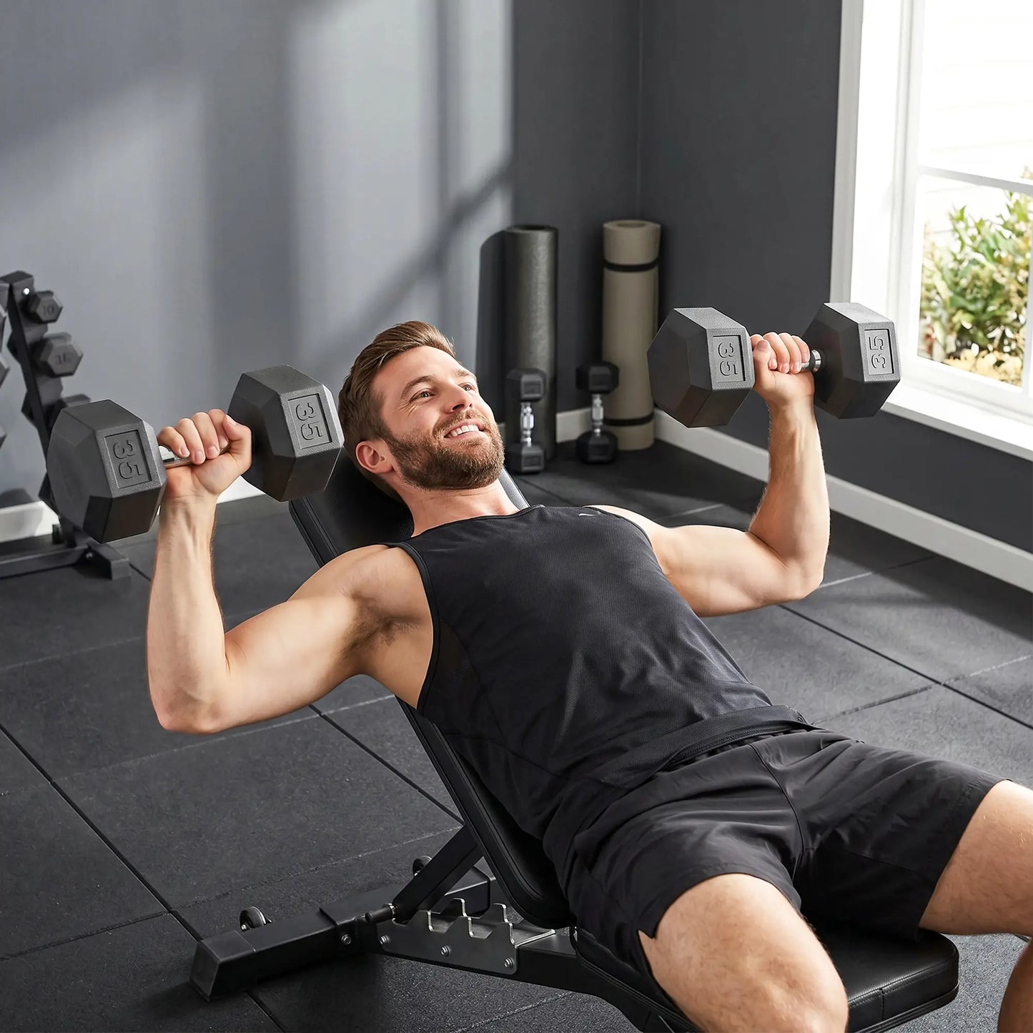 2X35 lbs Rubber Hex Dumbbell Set, Black, Black