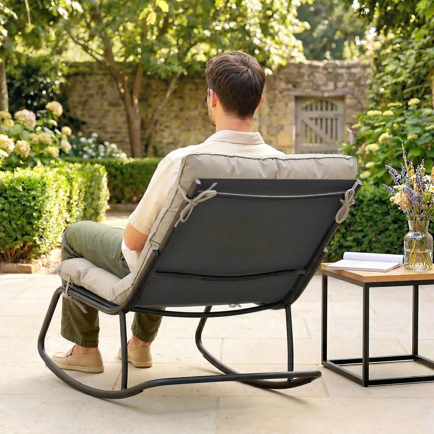 Oversized Rocking Patio Chair With 25" Wide Seat And Cushion, Khaki Outdoor Rocking Chairs at Gallery Canada