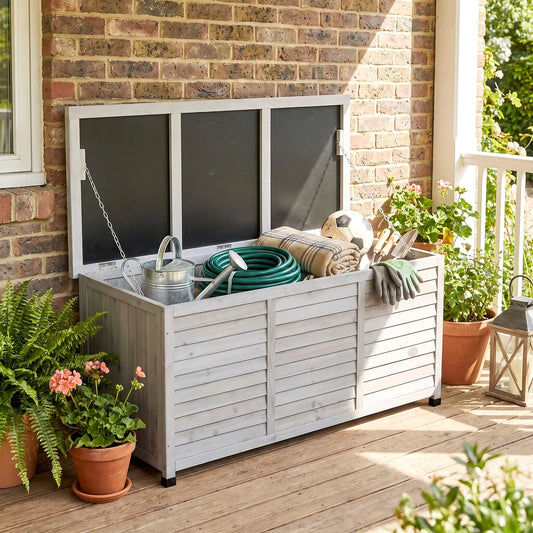 75 Gallon Wooden Deck Box, Outdoor Garden Storage Bench, Grey Patio Storage Boxes Grey at Gallery Canada