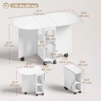 Folding Dining Table, Drop Leaf, 2 Shelves, 120cm, White