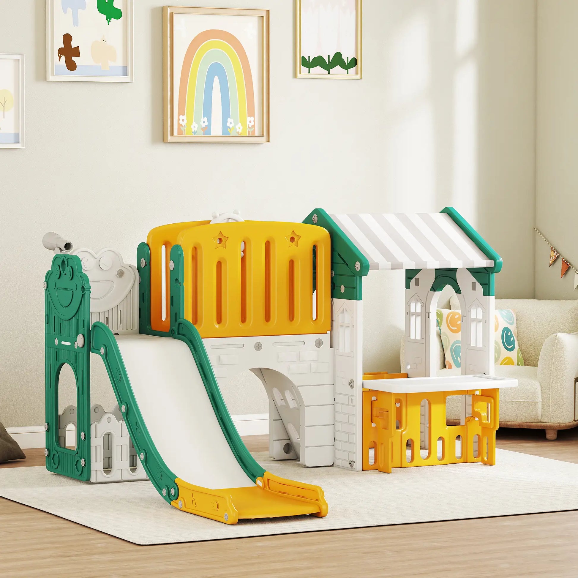 7-in-1 Toddler Slide Climber, Playhouse Basketball Hoop, Yellow Gym Sets & Swings at Gallery Canada