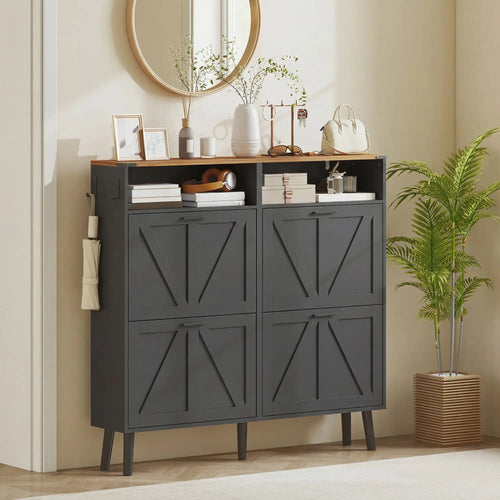 Shoe Storage Cabinet, 4 Flip Drawers, Farmhouse Narrow, Black