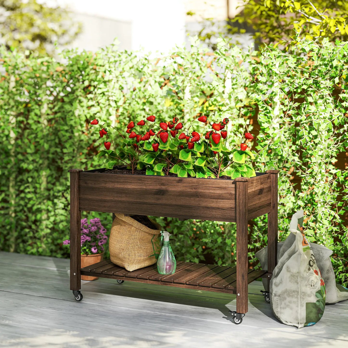 Mobile Raised Garden Bed, Elevated Wood Planter Box, Lockable Wheels, Storage Shelf, Carbonized