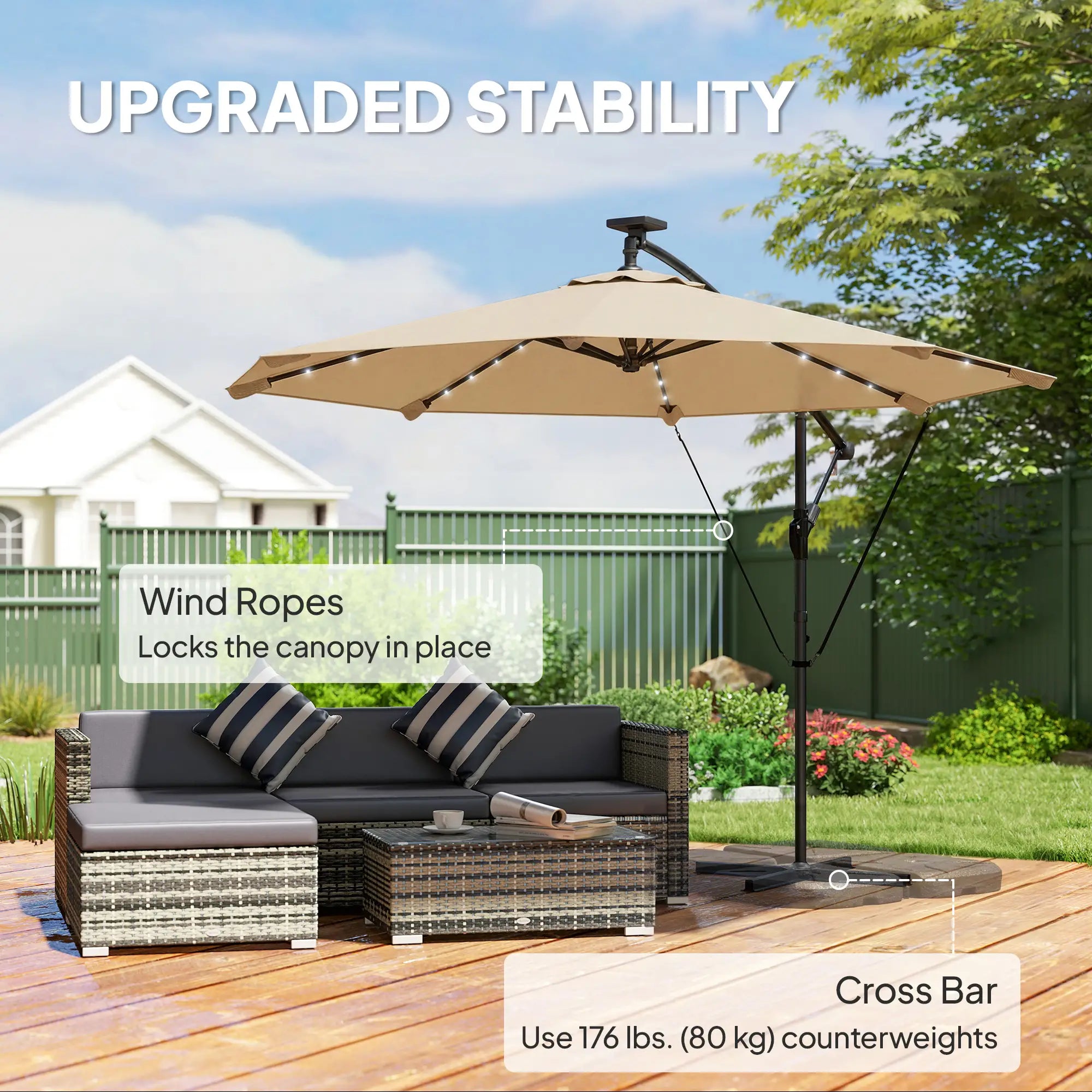 9.7ft Solar LED Cantilever Patio Umbrella, 32 Lights, Cross Base, Crank Handle, Khaki Offset Cantilever Umbrellas at Gallery Canada