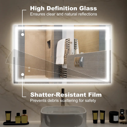 39" x 24" Miroir de Salle de Bain LED, Monté au Mur, Anti-Buée, Bouton Tactile, Clair