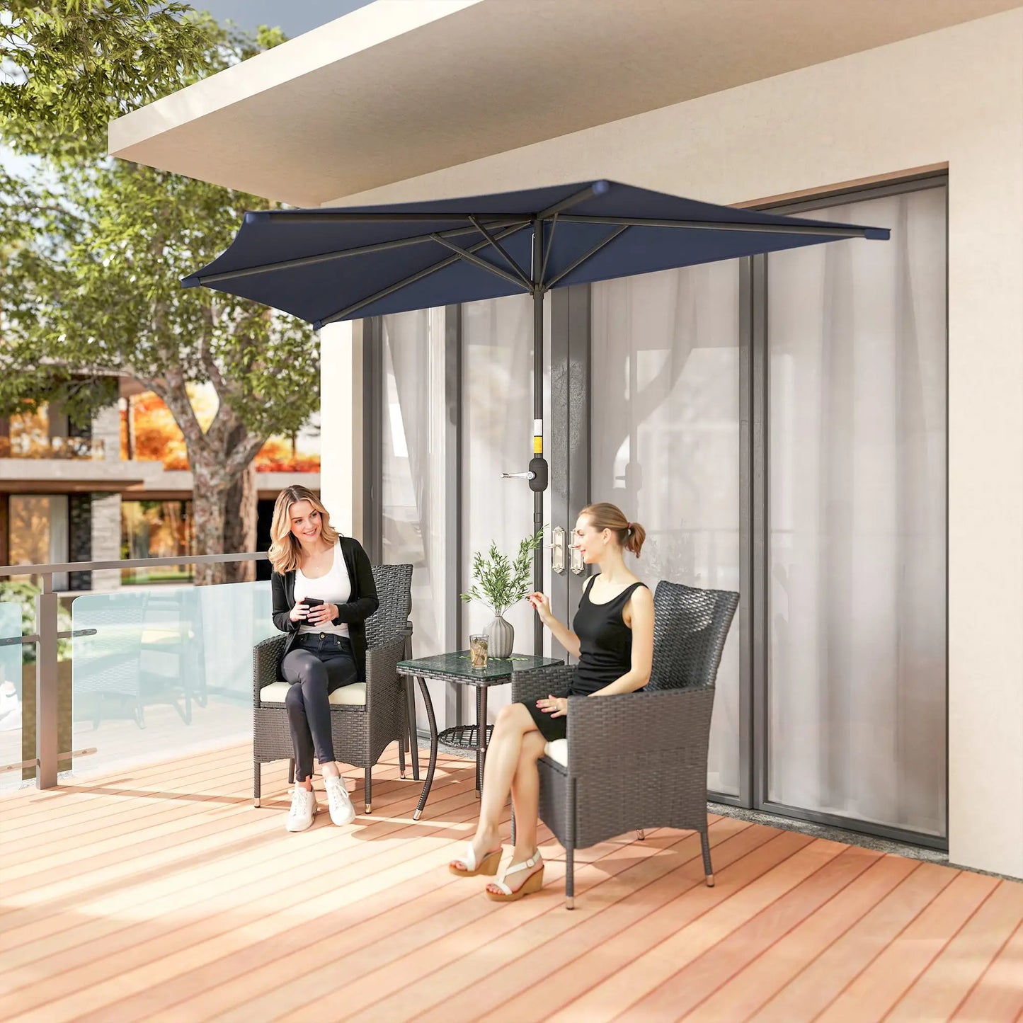 9.8ft Half Umbrella, Semi Round Patio Parasol, Crank Handle, Top Vent, Dark Blue Half Round Umbrellas at Gallery Canada