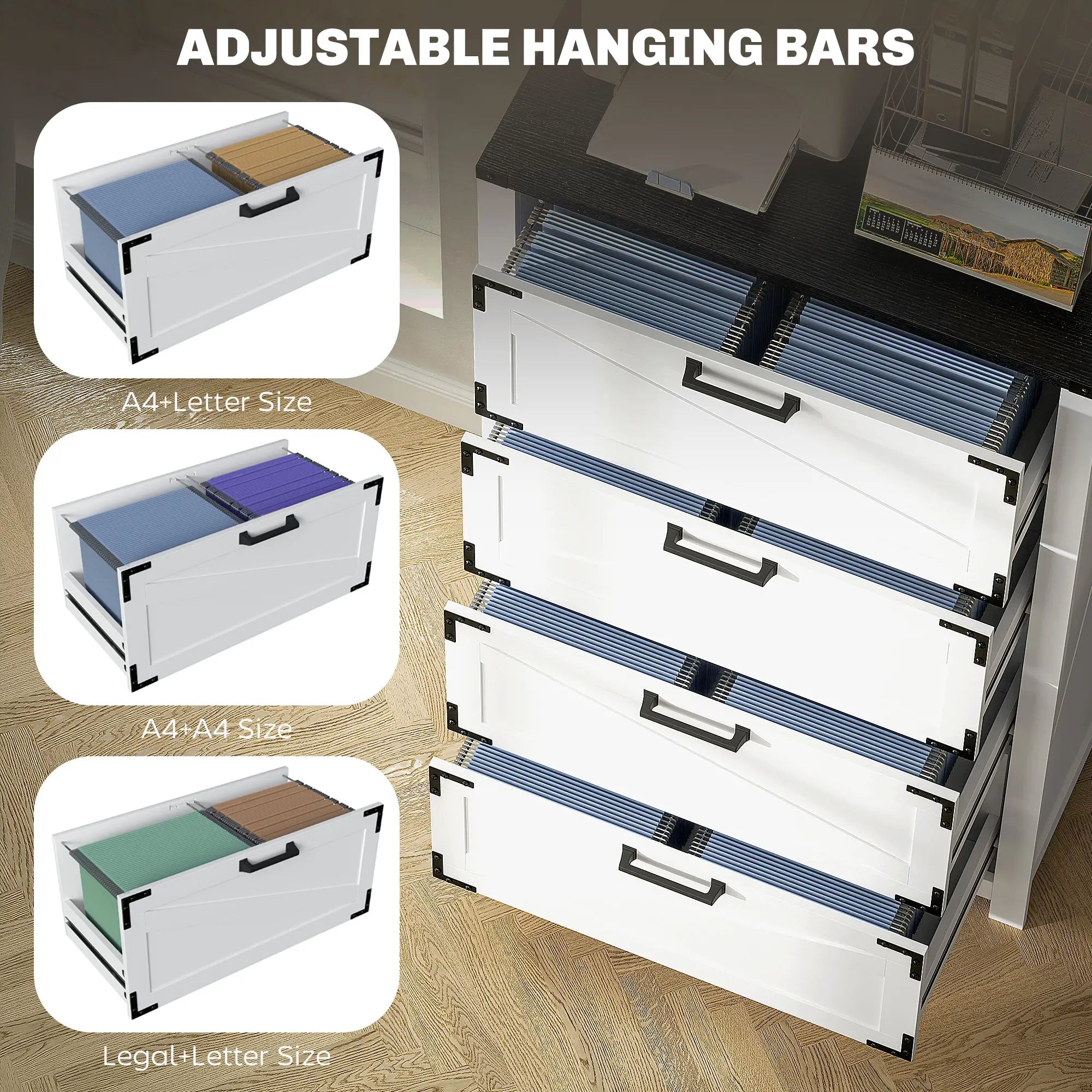 4 Drawer Filing Cabinet, Farmhouse Office Storage, Adjustable Hanging Bars, Letter A4 Legal Size, White Office Cabinets & Cupboards at Gallery Canada