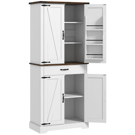 71" Tall Kitchen Cabinet, Farmhouse Pantry with Barn Doors, White Kitchen Pantry Cabinets White, Brown at Gallery Canada