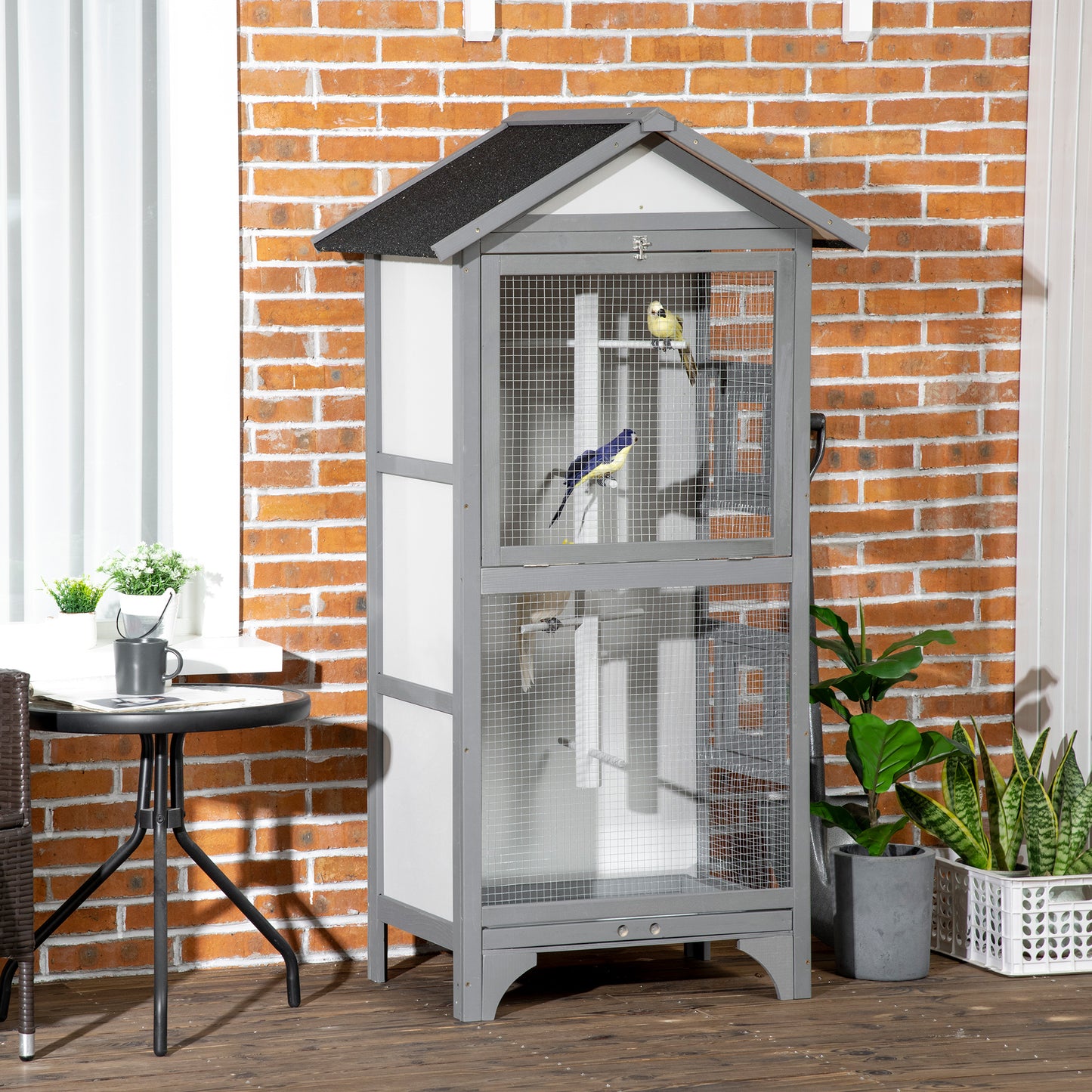 Wooden Bird Aviary Parrot Cage Pet Furniture with Removable Bottom Tray, 2 Doors, Asphalt Roof, 4 Perches, Light Grey at Gallery Canada