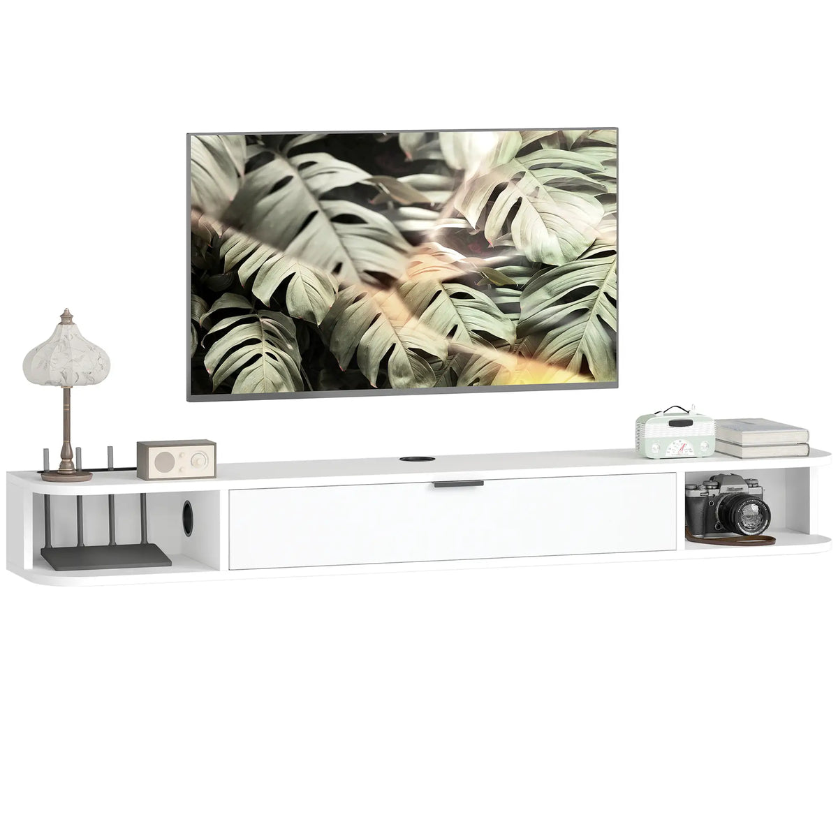 55 Inch Floating TV Stand, Wall Mounted Media Console, Flip Drawer, 2 Shelves, White TV Stands at Gallery Canada