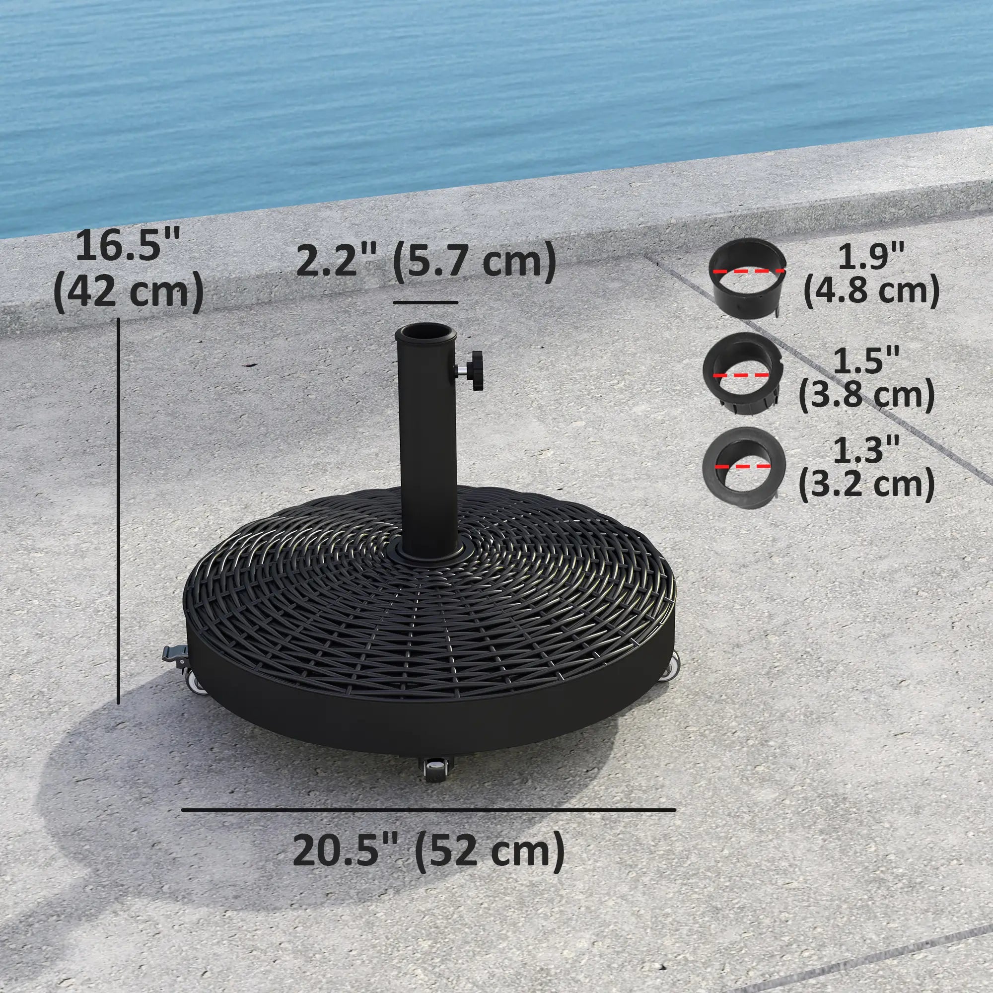 Round Umbrella Base With Wheels, Cement-Filled 55 Lbs, Black Umbrella Bases at Gallery Canada
