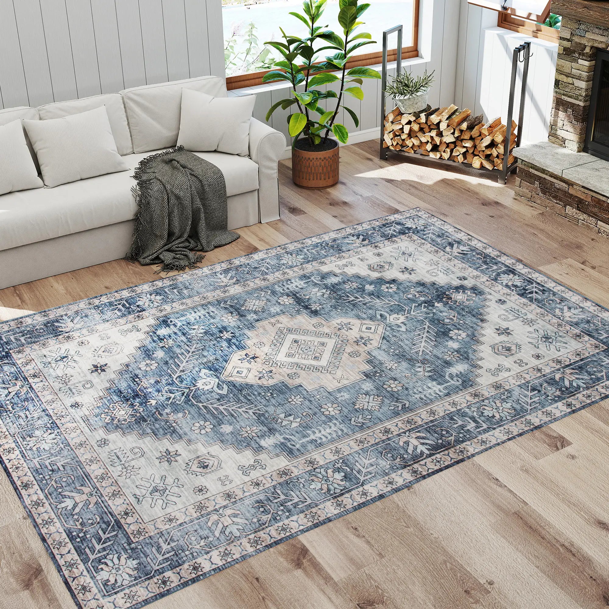 6x9 Vintage Washable Non-Slip Rug, for Living Room, Bedroom, Blue Living Room Furniture at Gallery Canada