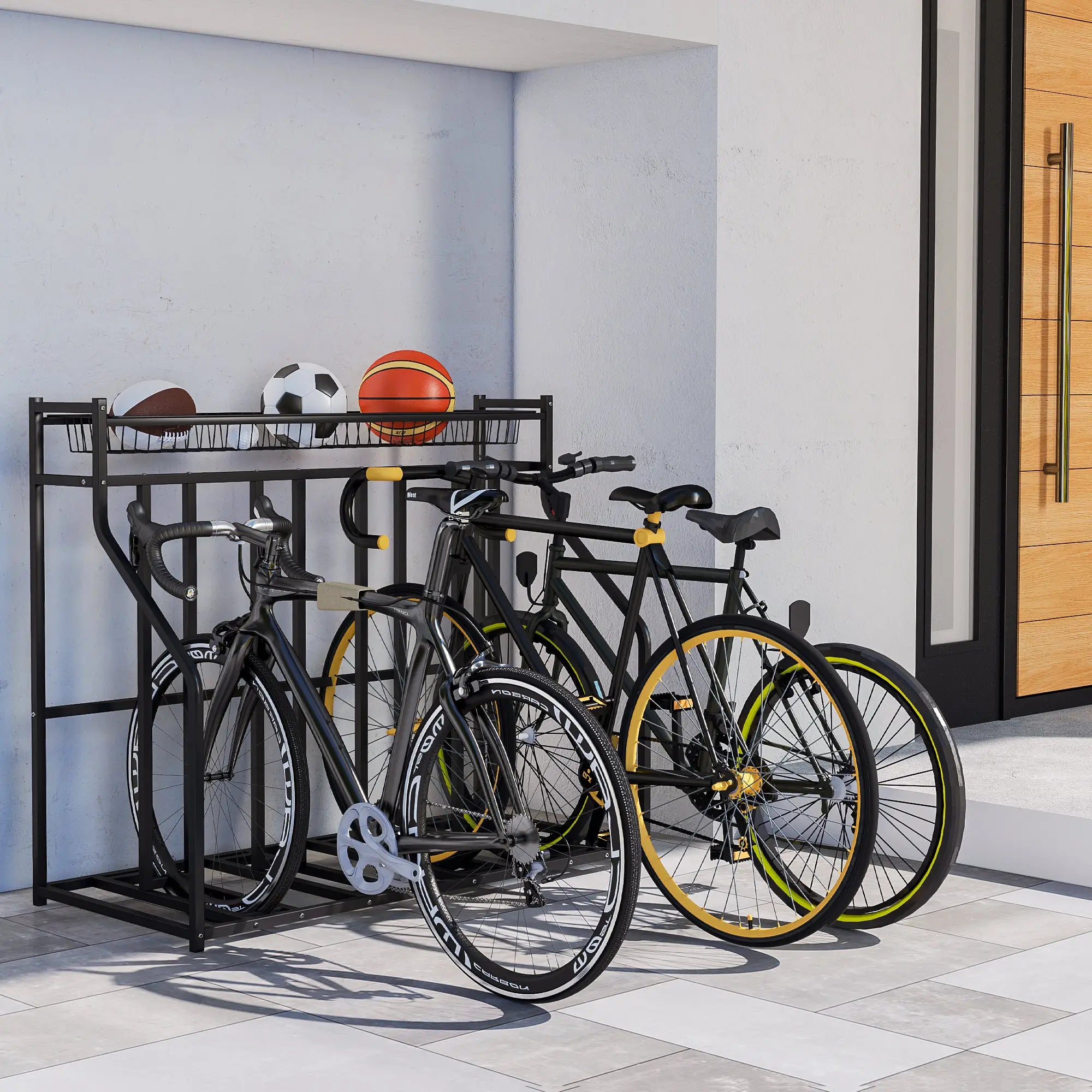 4 Bike Stand, Metal Floor Storage Rack with Basket, Hooks, Black Bike Parking Stands at Gallery Canada