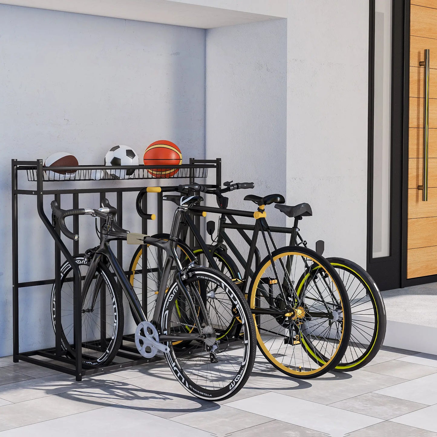 4 Bike Stand, Metal Floor Storage Rack with Basket, Hooks, Black Bike Parking Stands at Gallery Canada