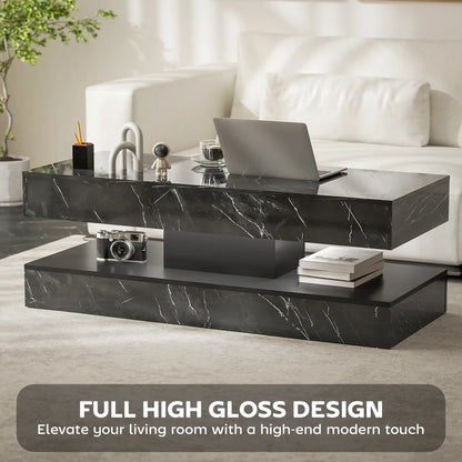 Adjustable LED Coffee Table, 2 Drawers, Open Shelf, Remote, High Gloss Black Coffee Tables at Gallery Canada