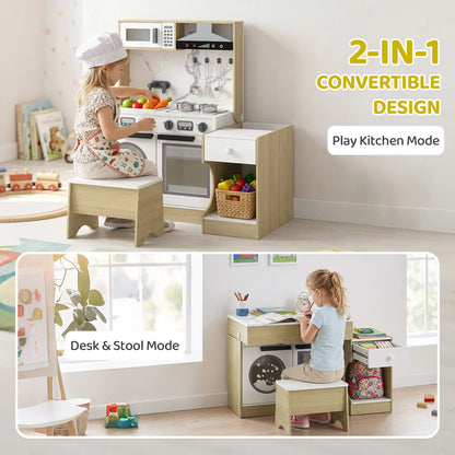 2-In-1 Kids Kitchen Playset, Table & Chair with Sink, Oven, Microwave, 3-8