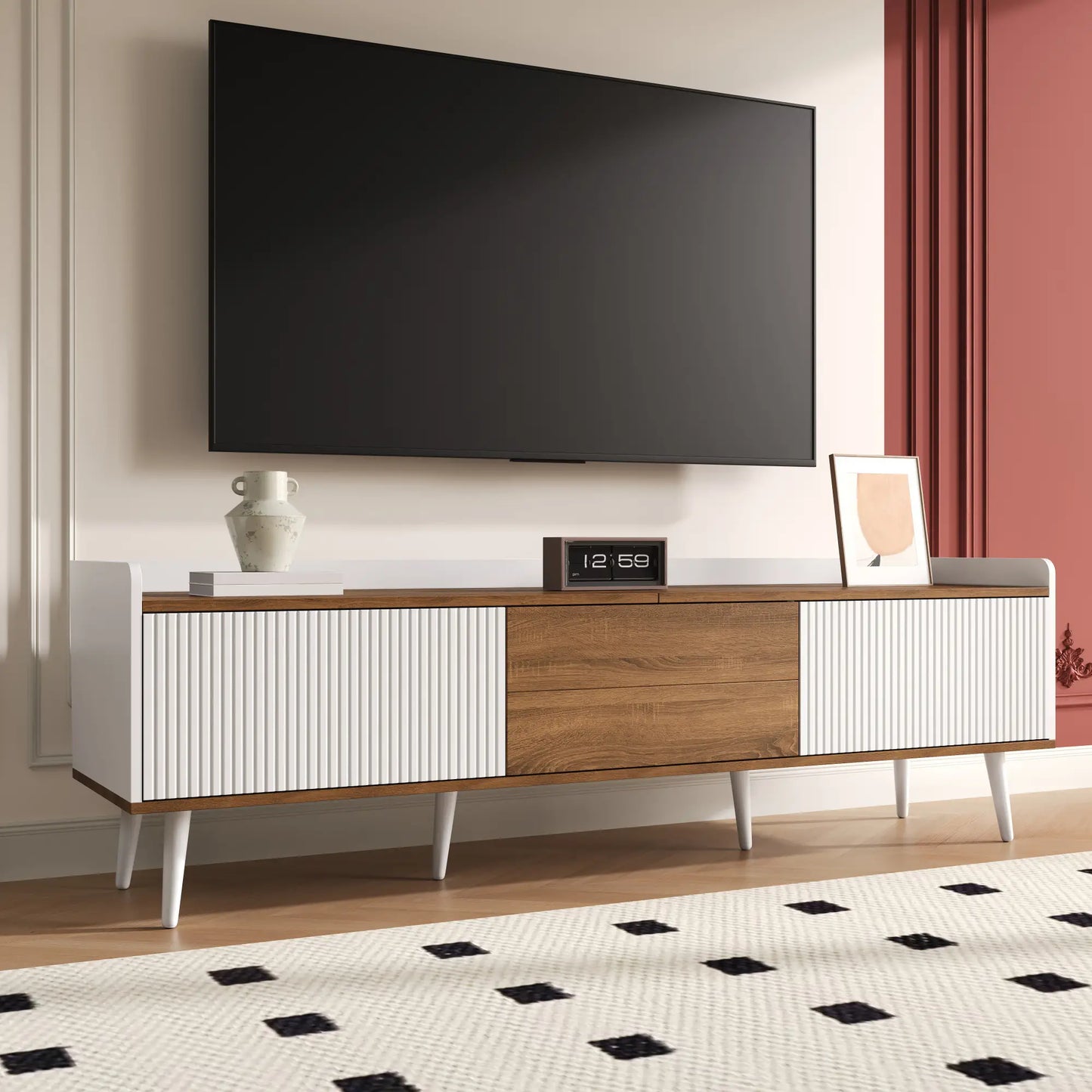 Three Door Stand, Sturdy Wooden Legs, 63" L x 15.5" W x 19.5" H, Natural, White TV Stands at Gallery Canada