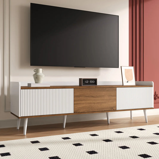 Three Door Stand, Sturdy Wooden Legs, 63" L x 15.5" W x 19.5" H, Natural, White TV Stands White, Natural at Gallery Canada
