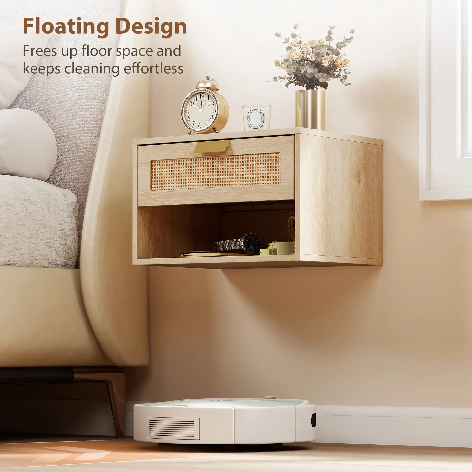 Floating Bedside Table Set, Wall Mount Nightstand With Storage Drawer, Oak Bedside Tables at Gallery Canada
