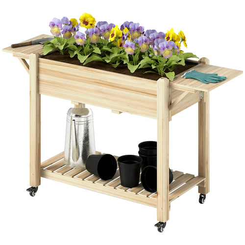 Raised Garden Bed, Wood Planter Box with Wheels, Side Tables, Natural