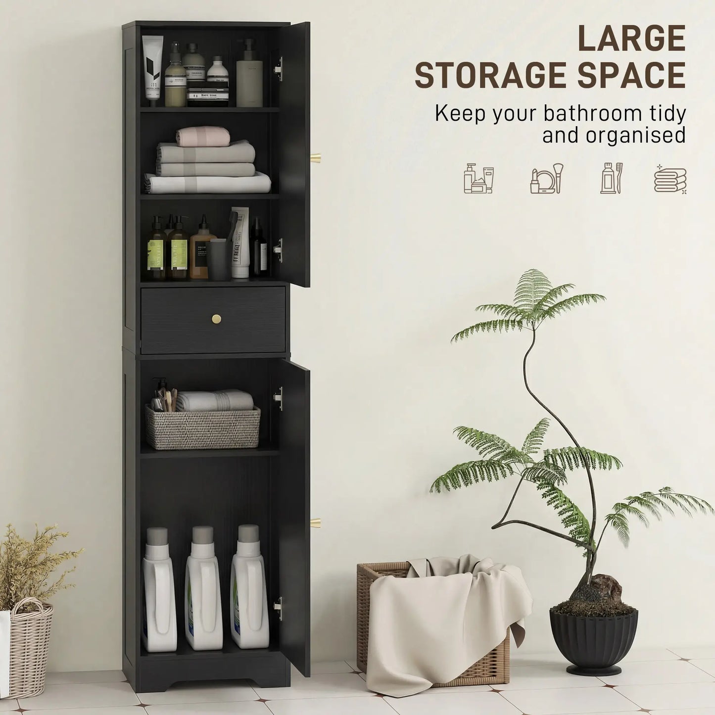 67" Tall Bathroom Cabinet, 2 Doors, Drawer, Adjustable Shelf, Black Wood Grain, Black Freestanding Bathroom Cabinets at Gallery Canada