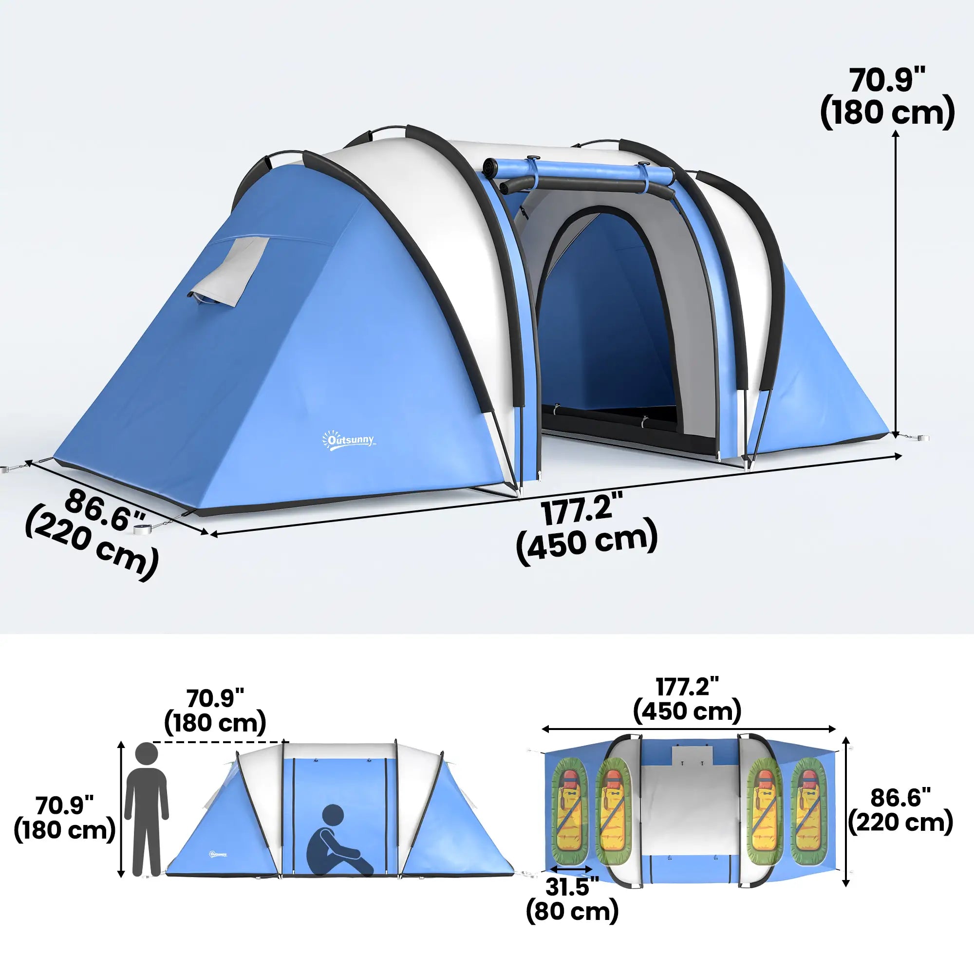 Camping Tent, 2 Bedrooms, Living Area, 3000mm Waterproof, Blue Camping Tents at Gallery Canada